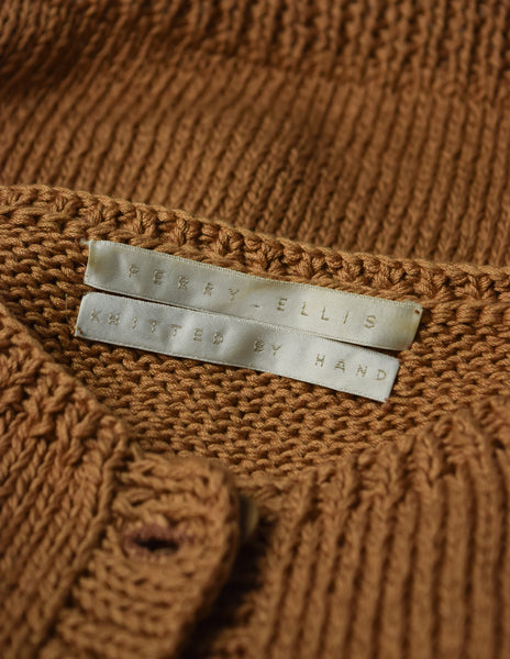 Perry Ellis Vintage Brown Hand Knit Cotton Button Up Sweater