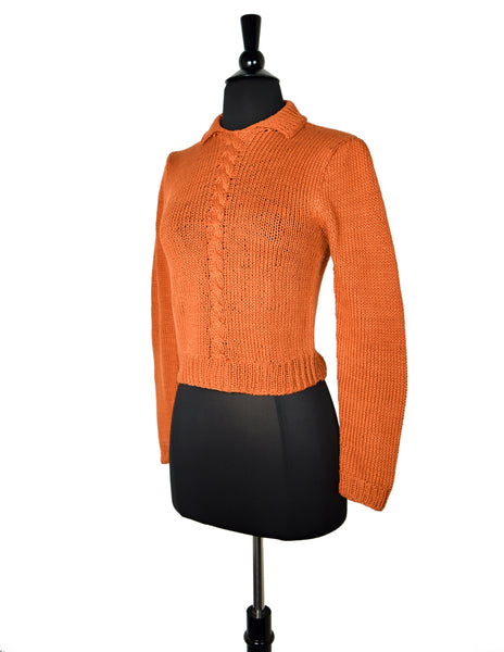 Perry Ellis Vintage Rust Orange Hand Knit Cotton Collared Sweater
