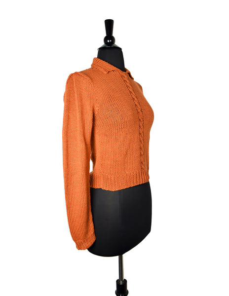 Perry Ellis Vintage Rust Orange Hand Knit Cotton Collared Sweater