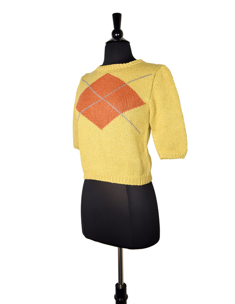 Perry Ellis Vintage Mustard Argyle Hand Knit Cotton Cropped Sweater