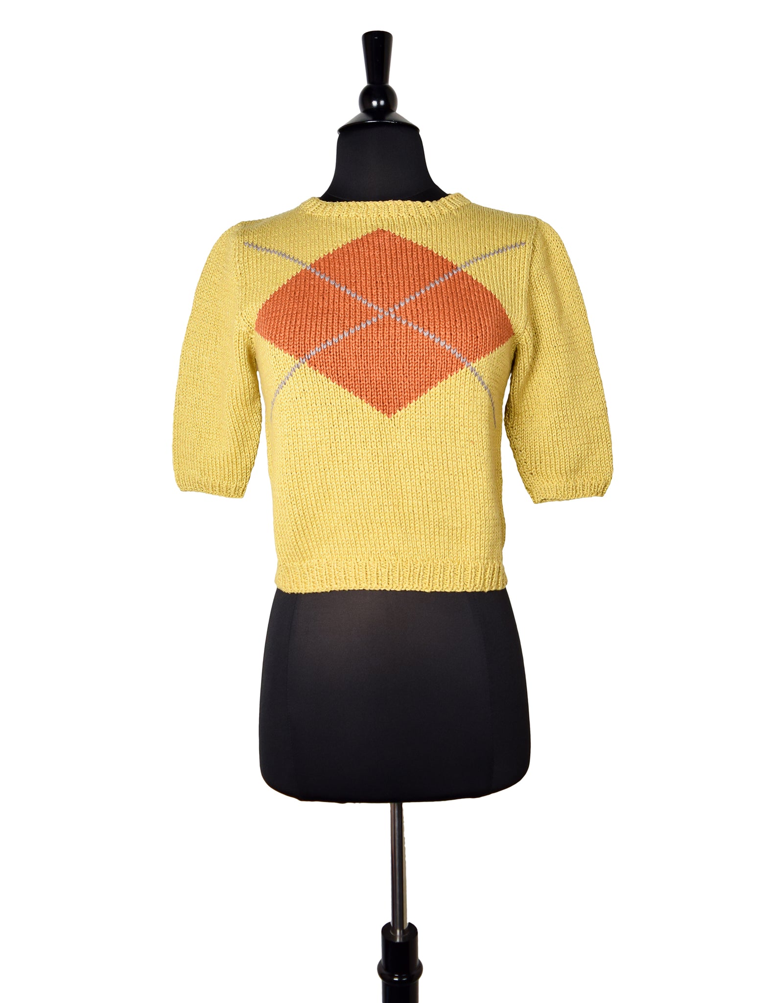 Perry Ellis Vintage Mustard Argyle Hand Knit Cotton Cropped Sweater