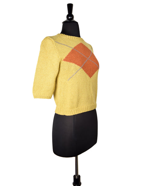 Perry Ellis Vintage Mustard Argyle Hand Knit Cotton Cropped Sweater