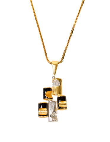Pierre Cardin Vintage 1970s Striking Black Gold Silver Modernist Pendant Necklace