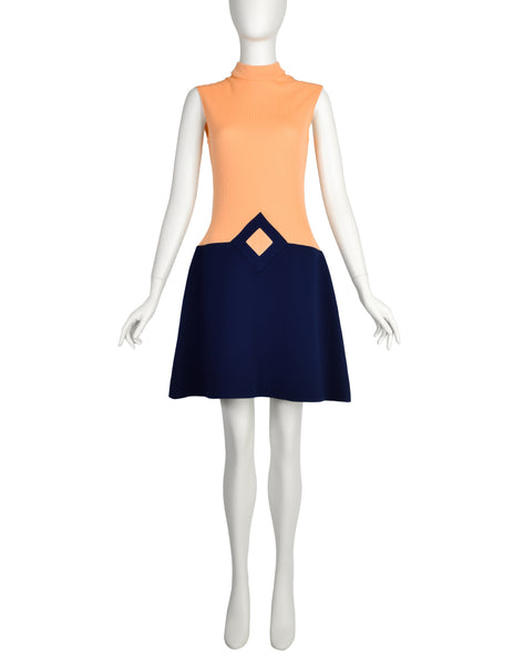Pierre Cardin les Jerseys Vintage 1960s Ribbed Peach Navy Blue Structured Mod Shift Dress