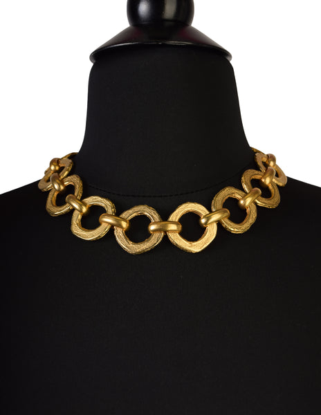 Pierre Cardin Vintage 1980s Artisanal Brushed Gold Round Link Chain Necklace