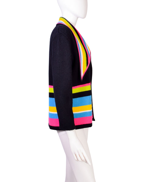 Pierre Cardin Vintage Black Neon Striped Knit Wool Cardigan Sweater Jacket