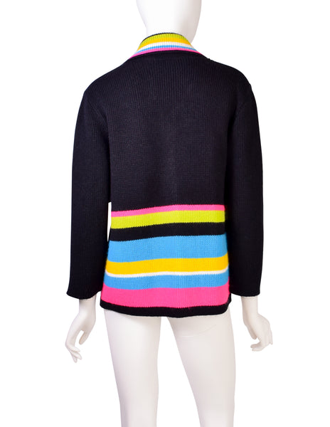 Pierre Cardin Vintage Black Neon Striped Knit Wool Cardigan Sweater Jacket