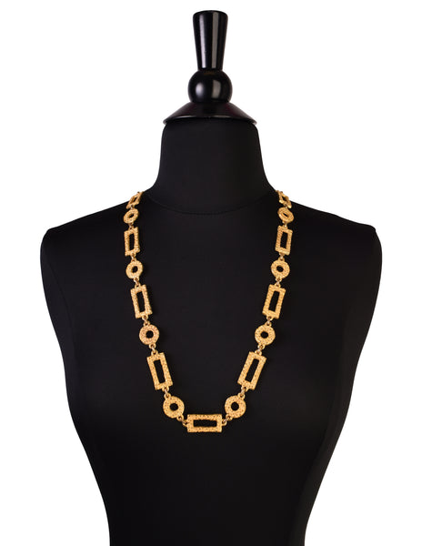 Pierre Cardin Vintage 1970s Artisanal Brushed Gold Textured Geometric Chain Necklace