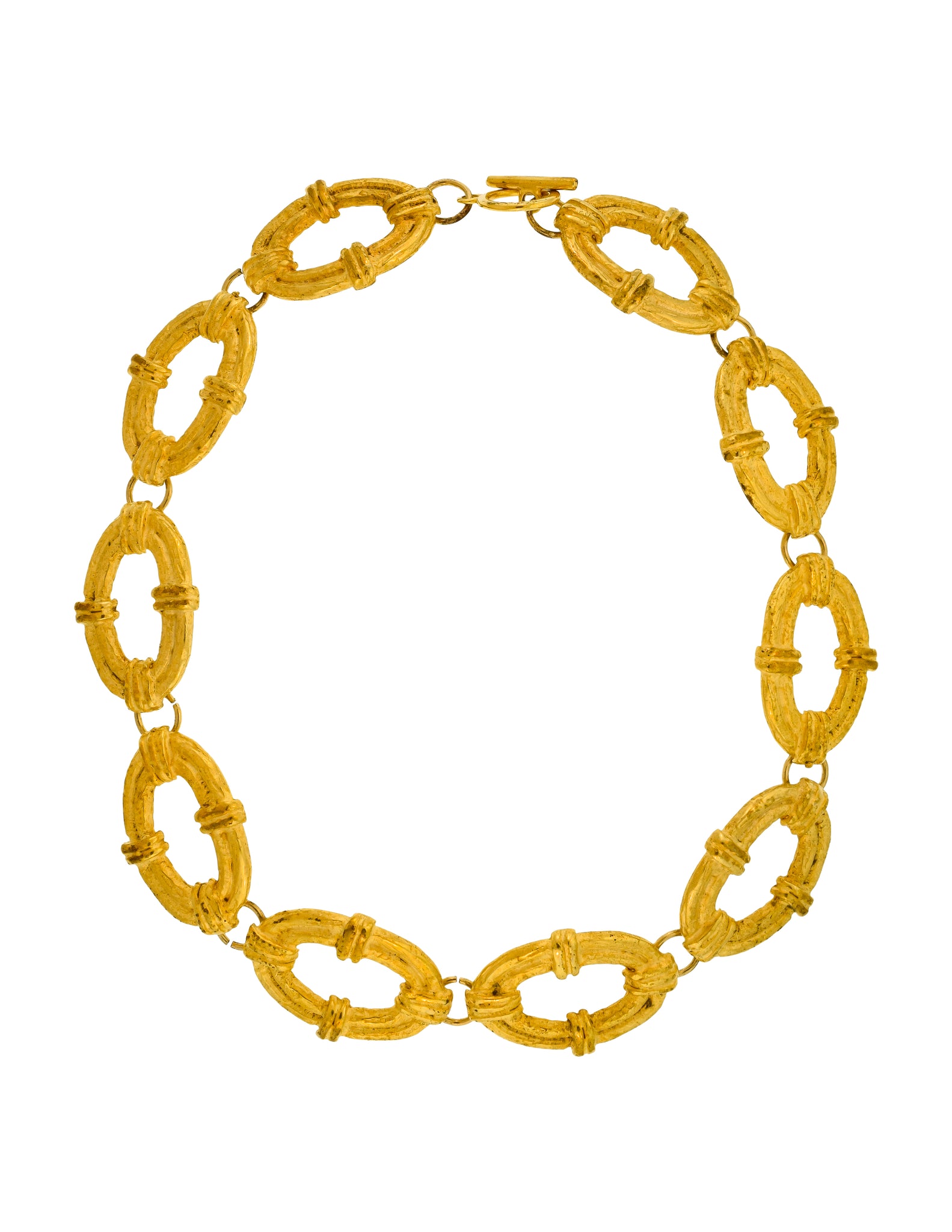 Pierre Cardin Vintage 1980s Artisanal Brushed Gold Textured Oval Link Chain Necklace