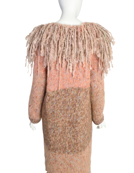 Vintage Pastel Pink Knit Wool Curly Shaggy Collar Duster Sweater Coat