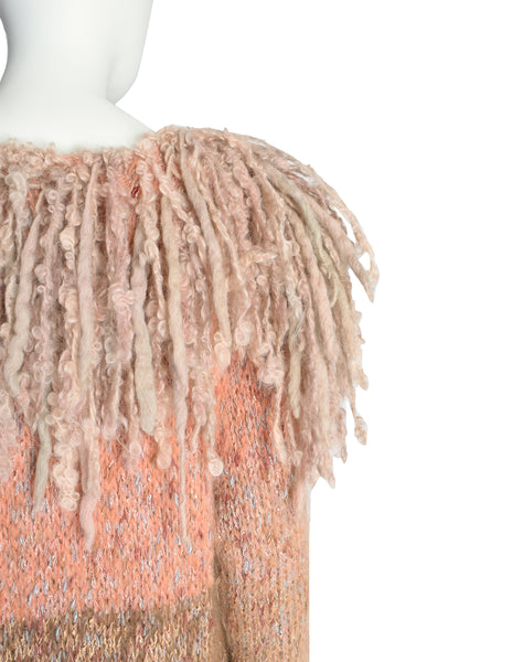 Vintage Pastel Pink Knit Wool Curly Shaggy Collar Duster Sweater Coat