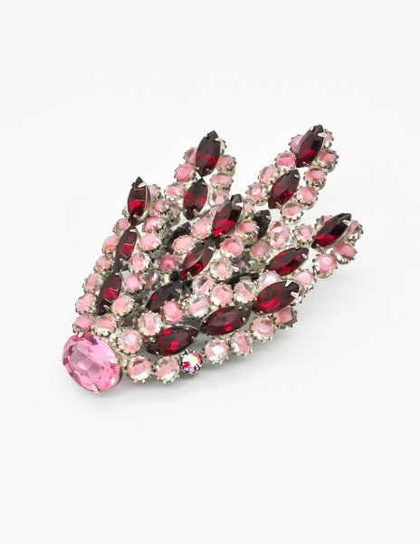 Vintage 1960s Red and Pink Glass Rhinestone Brooch