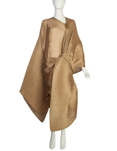 Pleats Please by Issey Miyake Vintage Golden Ochre Dramatic Madame T Wrap Cape Tunic Caftan Dress