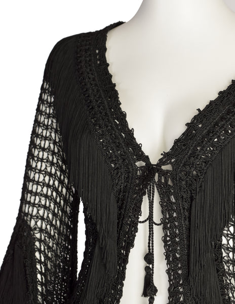 Plein Sud Vintage 1990s Black Macrame Fringe Bell Sleeve Cardigan