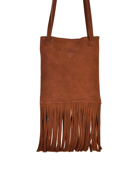 Prada Vintage Brown Suede Fringe Crossbody Shoulder Tote Bag