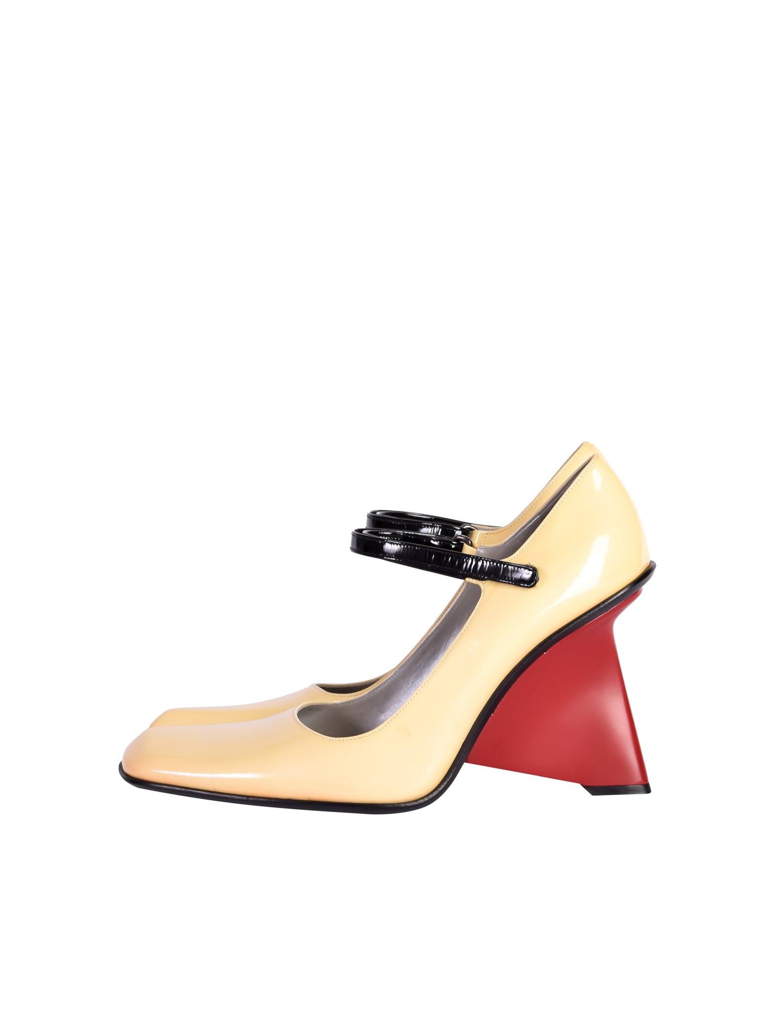 Prada Vintage 1998 Cream Black Red Mary Jane Patent Leather Sculpted Wedge Heels Shoes