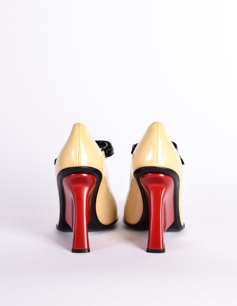 Prada Vintage 1998 Cream Black Red Mary Jane Patent Leather Sculpted Wedge Heels Shoes