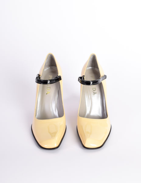 Prada Vintage 1998 Cream Black Red Mary Jane Patent Leather Sculpted Wedge Heels Shoes