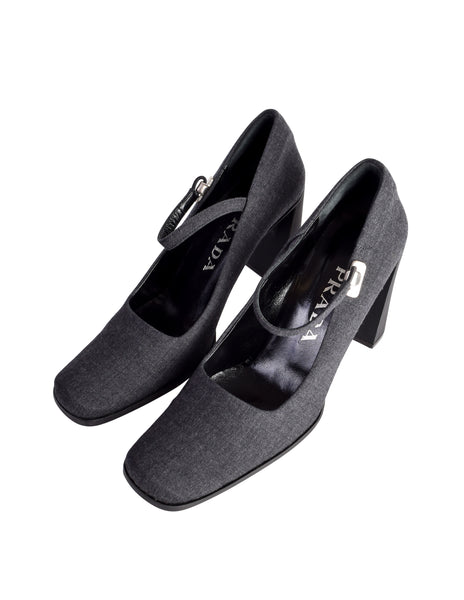 Prada Vintage AW 1999 Charcoal Grey Wool Square Toe Mary Jane Heels