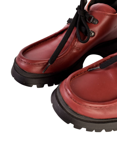 Prada Vintage 1990s Burgundy Red Leather Black Chunky Sole Shoes