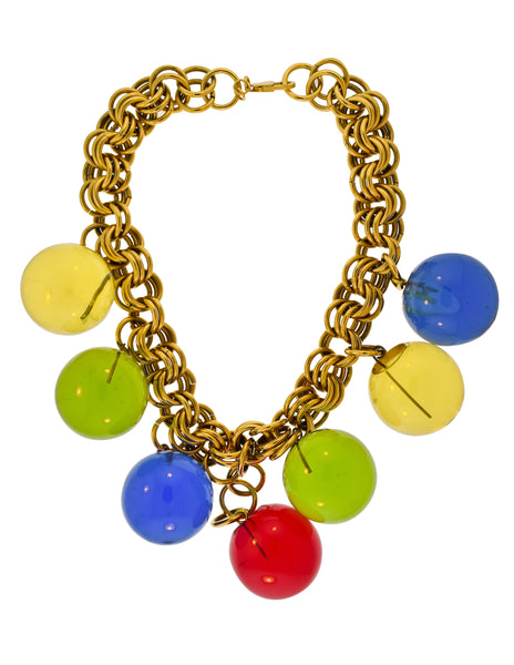 Vintage Oversized Multicolor Rainbow Lucite Ball Gold Chain Statement Necklace
