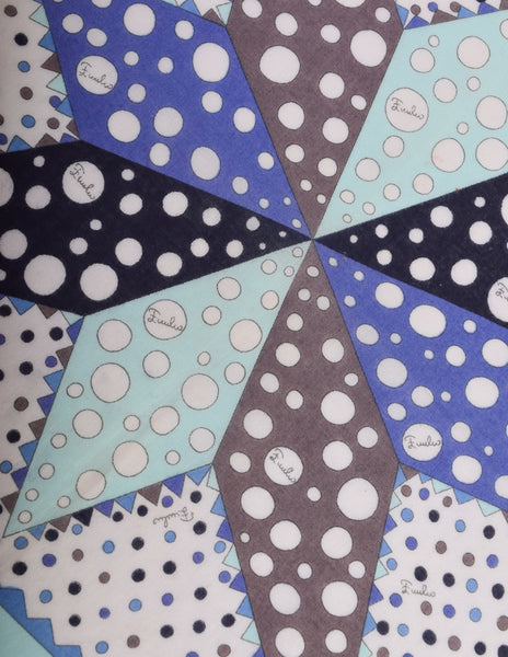 Pucci Vintage Graphic Star Floral Polka Dot Blue Grey White Cotton Pocket Square Scarf