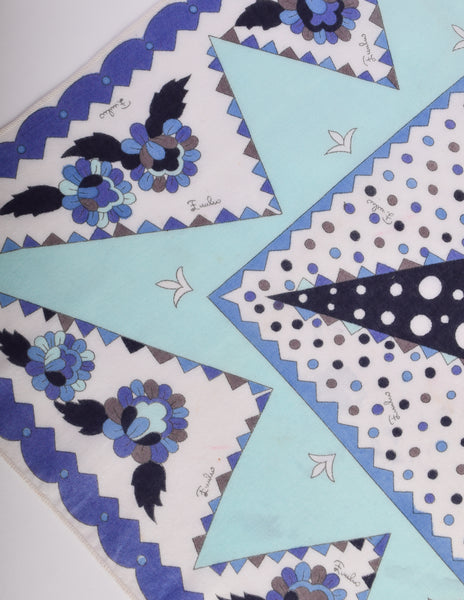 Pucci Vintage Graphic Star Floral Polka Dot Blue Grey White Cotton Pocket Square Scarf