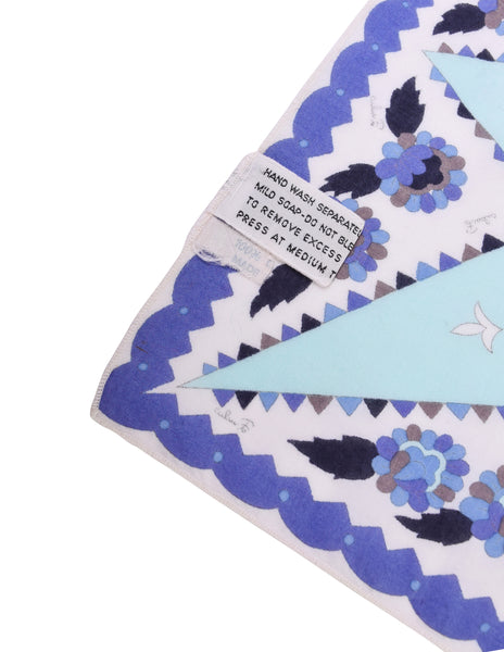 Pucci Vintage Graphic Star Floral Polka Dot Blue Grey White Cotton Pocket Square Scarf