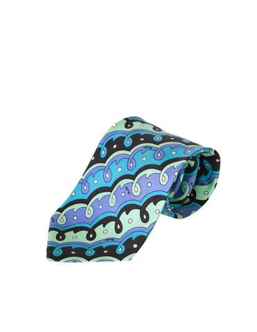 Emilio Pucci Vintage Blue Graphic Mod Print Silk Neck Tie