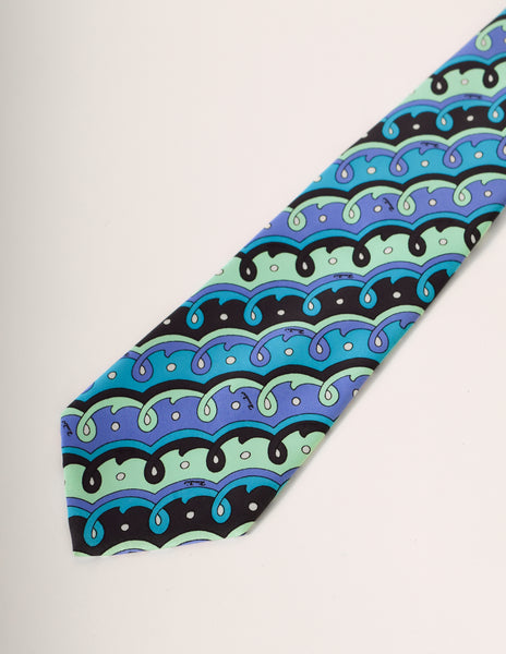 Emilio Pucci Vintage Blue Graphic Mod Print Silk Neck Tie