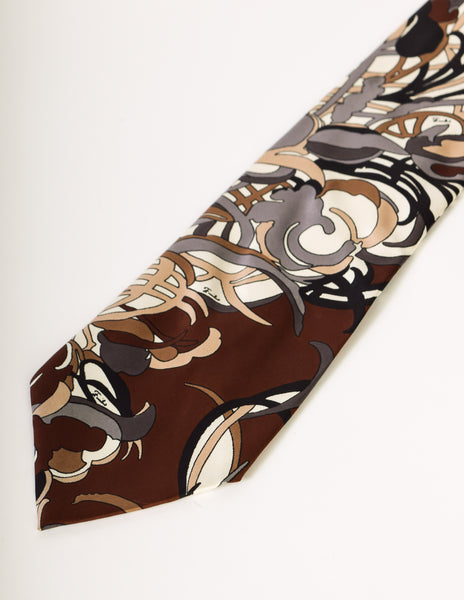 Emilio Pucci Vintage Brown Graphic Floral Silk Neck Tie