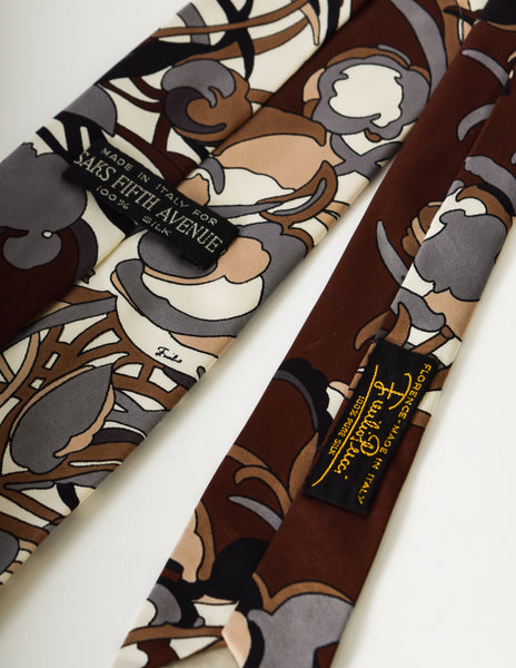 Emilio Pucci Vintage Brown Graphic Floral Silk Neck Tie