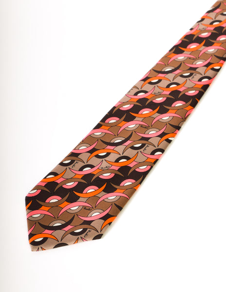 Emilio Pucci Vintage Brown and Pink Mod Graphic Silk Neck Tie