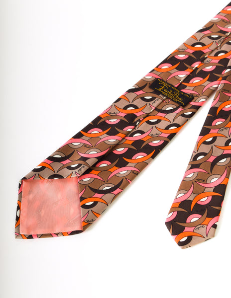 Emilio Pucci Vintage Brown and Pink Mod Graphic Silk Neck Tie