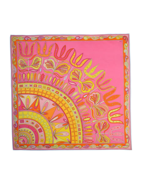 Pucci Vintage Incredible Psychedelic Geometric Mod Floral Pink Yellow Large Cotton Scarf