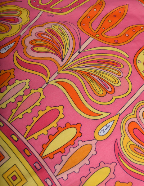 Pucci Vintage Incredible Psychedelic Geometric Mod Floral Pink Yellow Large Cotton Scarf
