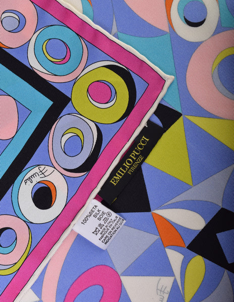 Pucci Vintage Psychedelic Graphic Op Art Mosaic Print Purple Multicolor Silk Scarf