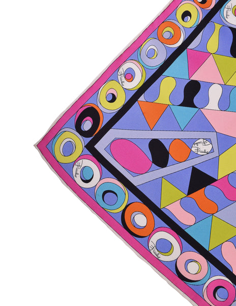 Pucci Vintage Psychedelic Graphic Op Art Mosaic Print Purple Multicolor Silk Scarf