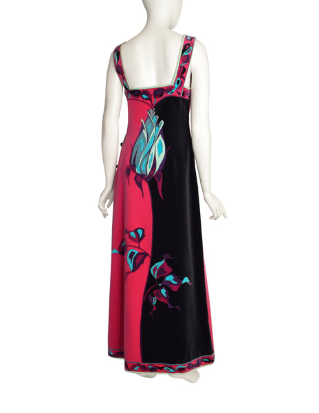 Pucci Vintage Iconic Rose Print Fuchsia Pink Black Teal Velvet Maxi Dress