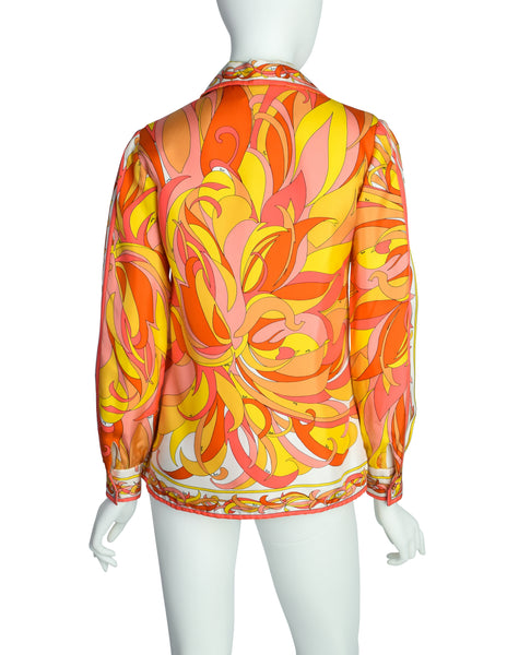 Pucci Vintage 1970s Vivid Orange Pink Yellow Floral Graphic Silk Collared Shirt