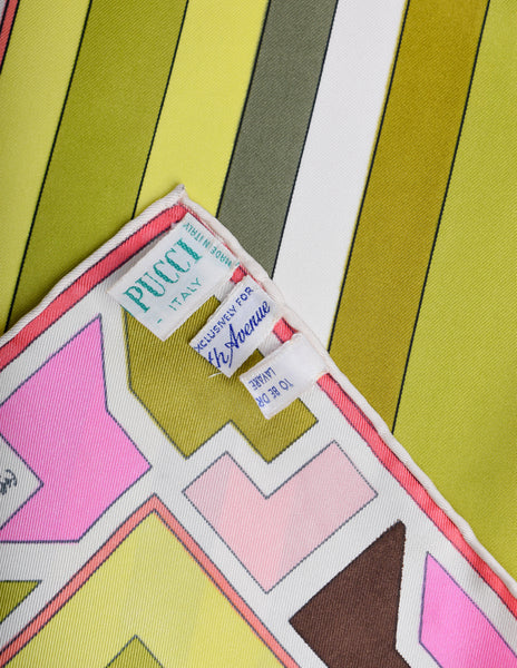 Pucci Vintage Green and Pink Geometric Print Silk Scarf