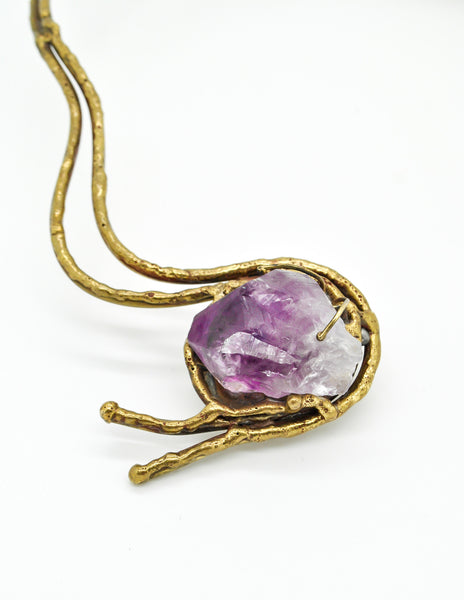 Vintage Amethyst Artisan Brass Metal Art Choker Necklace