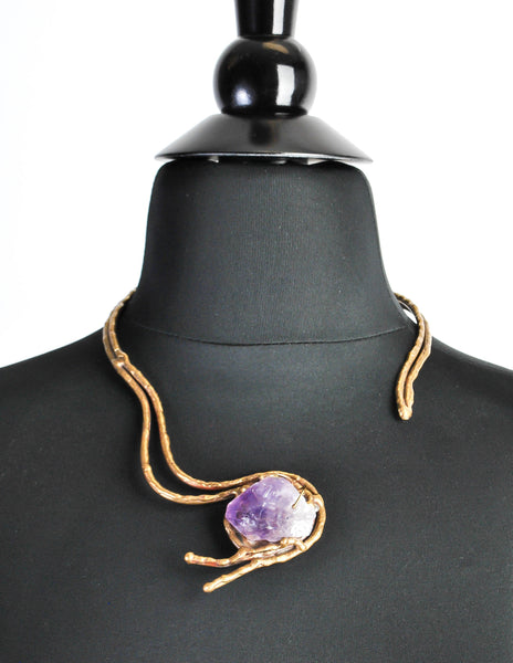 Vintage Amethyst Artisan Brass Metal Art Choker Necklace - Amarcord Vintage Fashion
 - 4
