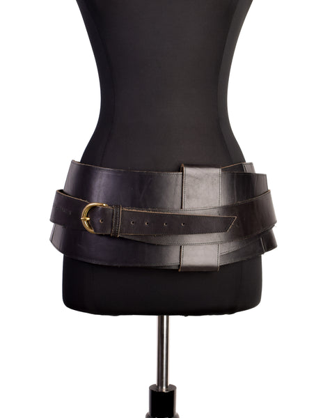 Rie Christiansen Vintage 1980s Black Leather Wide Wrap Buckle Belt