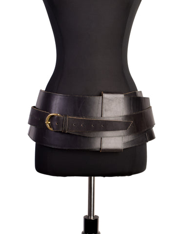 Rie Christiansen Vintage 1980s Black Leather Wide Wrap Buckle Belt