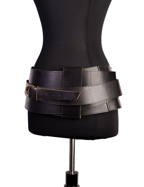 Rie Christiansen Vintage 1980s Black Leather Wide Wrap Buckle Belt