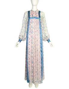 Raksha of Hindimp London Vintage 1970s Indian White Blue Floral Tissue Silk Maxi Dress
