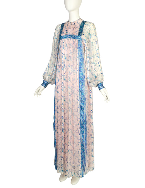 Raksha of Hindimp London Vintage 1970s Indian White Blue Floral Tissue Silk Maxi Dress