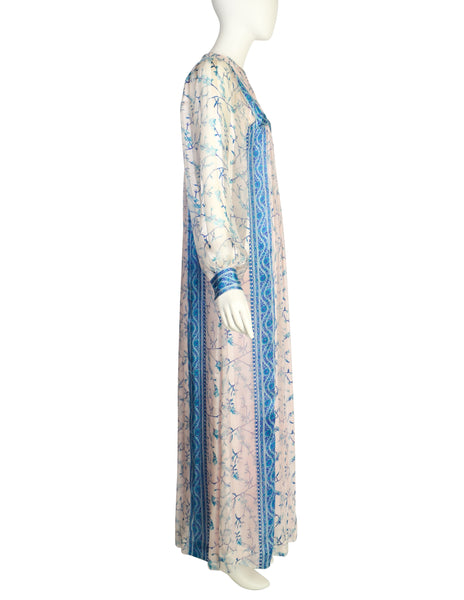 Raksha of Hindimp London Vintage 1970s Indian White Blue Floral Tissue Silk Maxi Dress