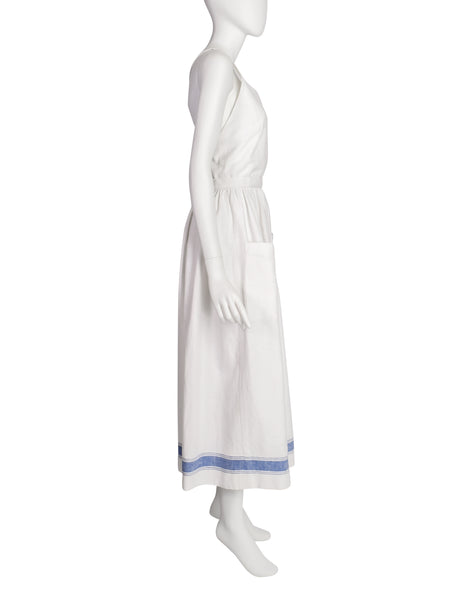 Ralph Lauren Vintage White Cotton Blue Stripe Countryside Apron Dress